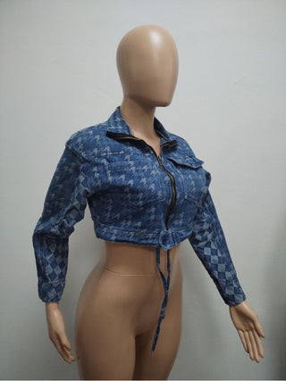 Plaid Patchwork Zipper Cropped Denim Jackets