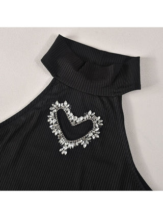 Heart Rhinestones Cutouts Rib Cropped Skirt Sets