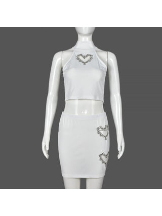 Heart Rhinestones Cutouts Rib Cropped Skirt Sets