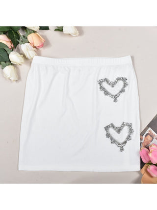 Heart Rhinestones Cutouts Rib Cropped Skirt Sets