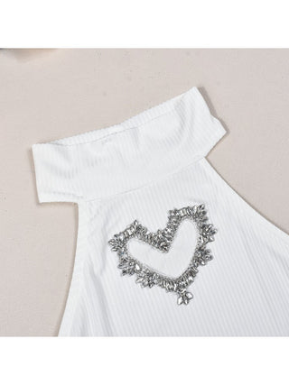 Heart Rhinestones Cutouts Rib Cropped Skirt Sets