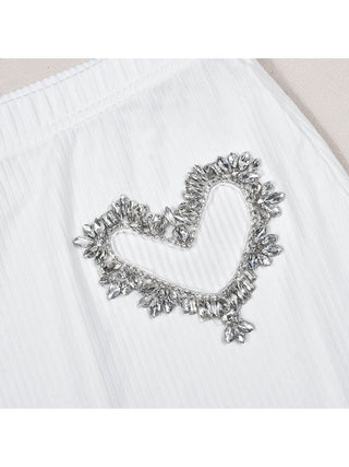 Heart Rhinestones Cutouts Rib Cropped Skirt Sets