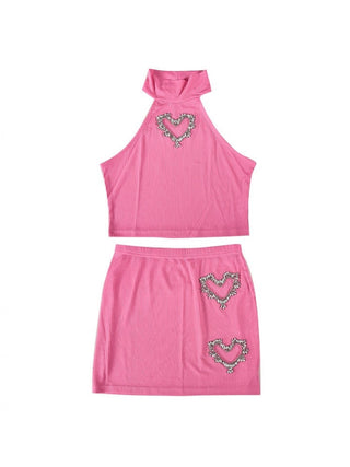 Heart Rhinestones Cutouts Rib Cropped Skirt Sets