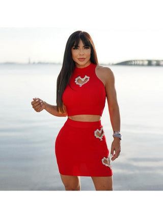 Heart Rhinestones Cutouts Rib Cropped Skirt Sets