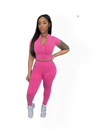 Rib Zipper Cropped Fitted Pants Sets