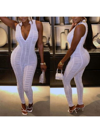 Ruched Deep V Neck Sleeveless Jumpsuits