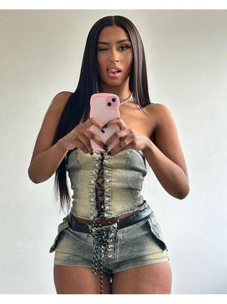 Denim Lace Up Strapless Cropped Shorts Sets