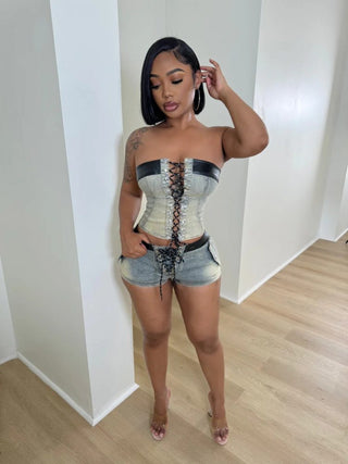 Denim Lace Up Strapless Cropped Shorts Sets