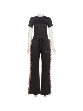 Embroidery Tops Fringe Wide Leg Pant Sets