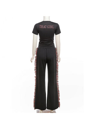 Embroidery Tops Fringe Wide Leg Pant Sets