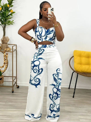 Printed Cropped Tank Wide Leg Pant Sets