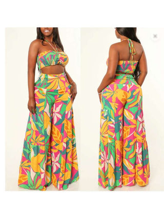 Colorblock Smocking Tank Wide Leg Pant Sets