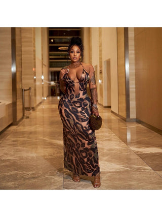 Leopard Halter Backless Lace Up Maxi Dress