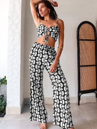 Colorblock Lace Up Cropped Wide Leg Pant Sets