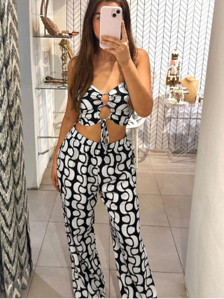 Colorblock Lace Up Cropped Wide Leg Pant Sets