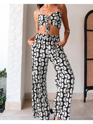 Colorblock Lace Up Cropped Wide Leg Pant Sets