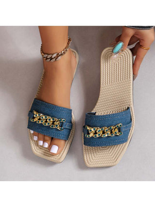 Metal Chain Solid Color Flat Heel Slippers