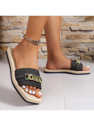 Metal Chain Solid Color Flat Heel Slippers