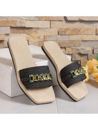 Metal Chain Solid Color Flat Heel Slippers