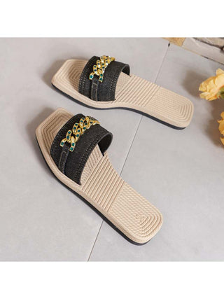 Metal Chain Solid Color Flat Heel Slippers