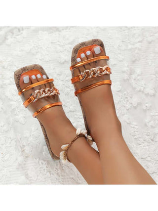 Colorblock Metal Chain Square Toe Slippers