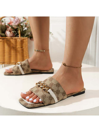 Colorblock Metal Chain Square Toe Slippers