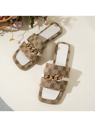 Colorblock Metal Chain Square Toe Slippers