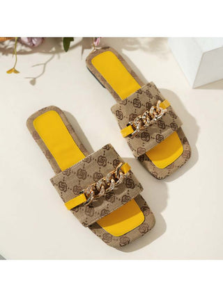 Colorblock Metal Chain Square Toe Slippers