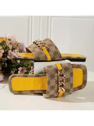 Colorblock Metal Chain Square Toe Slippers