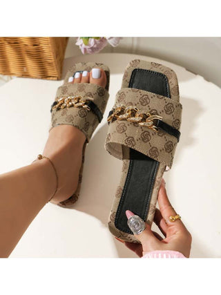 Colorblock Metal Chain Square Toe Slippers