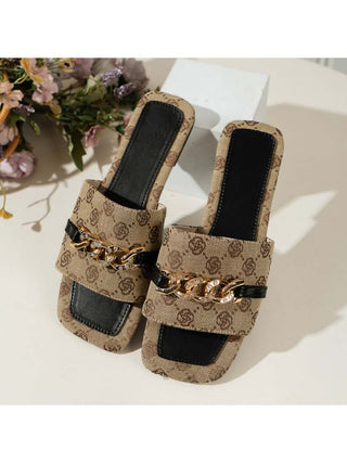 Colorblock Metal Chain Square Toe Slippers