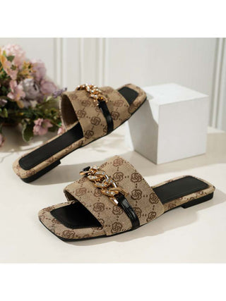 Colorblock Metal Chain Square Toe Slippers