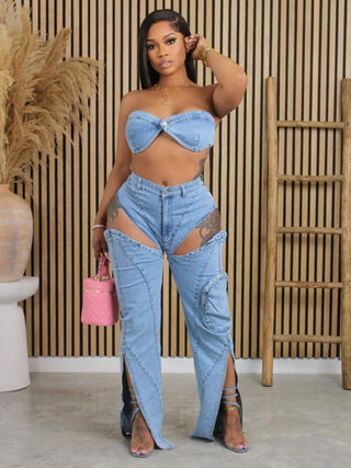 Washed Denim Tube Cutouts Cargo Jeans Sets