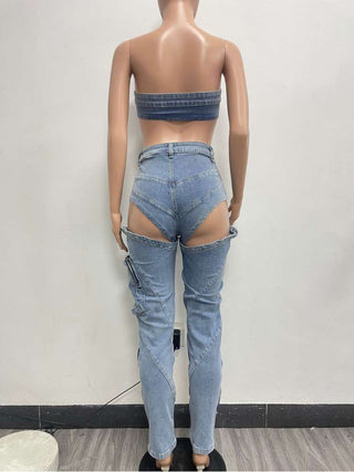 Washed Denim Tube Cutouts Cargo Jeans Sets