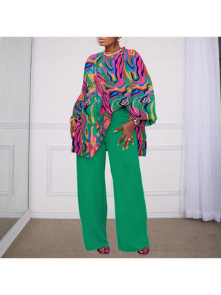 Print Lantern Sleeve Loose Pant Sets