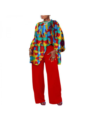 Print Lantern Sleeve Loose Pant Sets