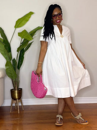 V Neck Baggy Short Sleeve Midi Dress