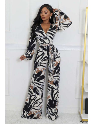 V Neck Colorblock Tie-wrap Wide Leg Jumpsuits