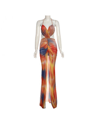 Colorblock Split Hem Backless Maxi Dress