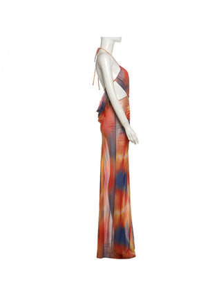 Colorblock Split Hem Backless Maxi Dress