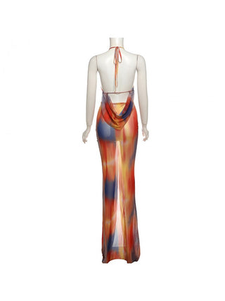 Colorblock Split Hem Backless Maxi Dress