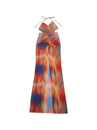 Colorblock Split Hem Backless Maxi Dress