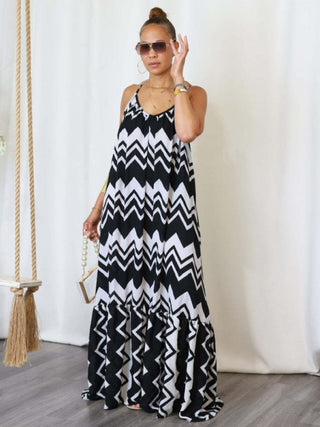 Striped V Neck Backless Lace-Up Maxi Dress