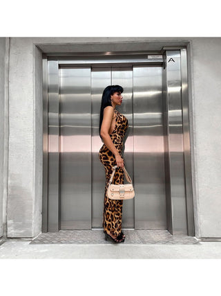 Leopard Halter Deep V Neck Backless Maxi Dress