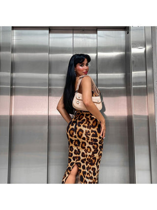 Leopard Halter Deep V Neck Backless Maxi Dress