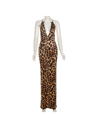 Leopard Halter Deep V Neck Backless Maxi Dress