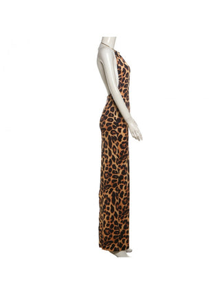 Leopard Halter Deep V Neck Backless Maxi Dress