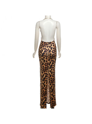 Leopard Halter Deep V Neck Backless Maxi Dress