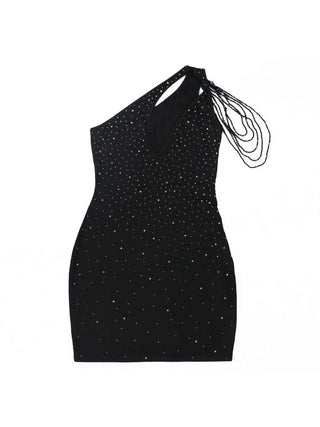 Hollow Out Beading One-shoulder Mini Dress