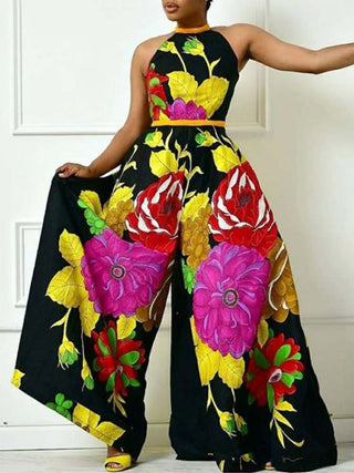 Colorblock Floral Sleeveless Wide Leg Jumpsuits